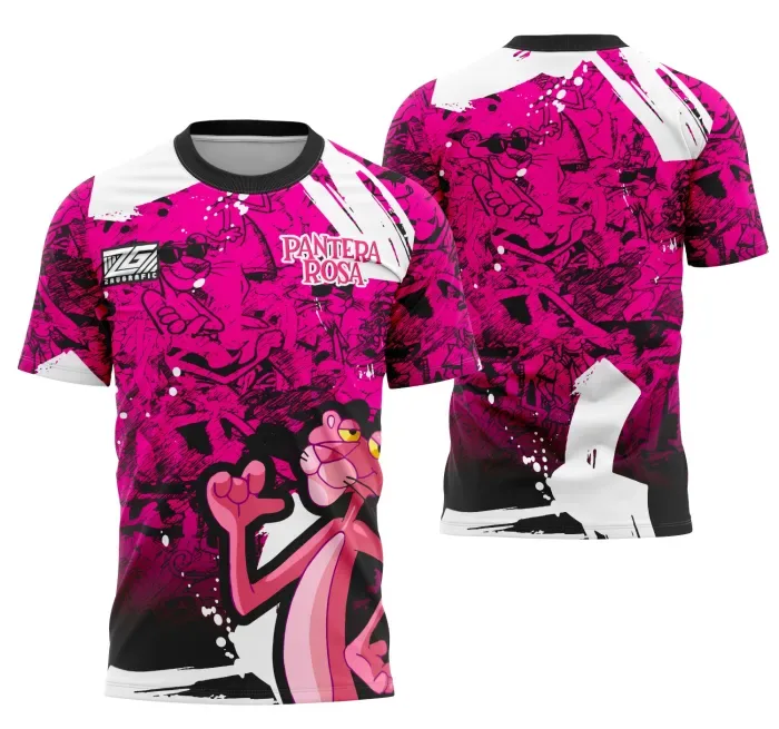 Camiseta preta unissex com logo no peito e estampa grande nas costas inspirada em Pantera Rosa Interclasse 2025, ideal para uso casual em grupos e eventos escolares.