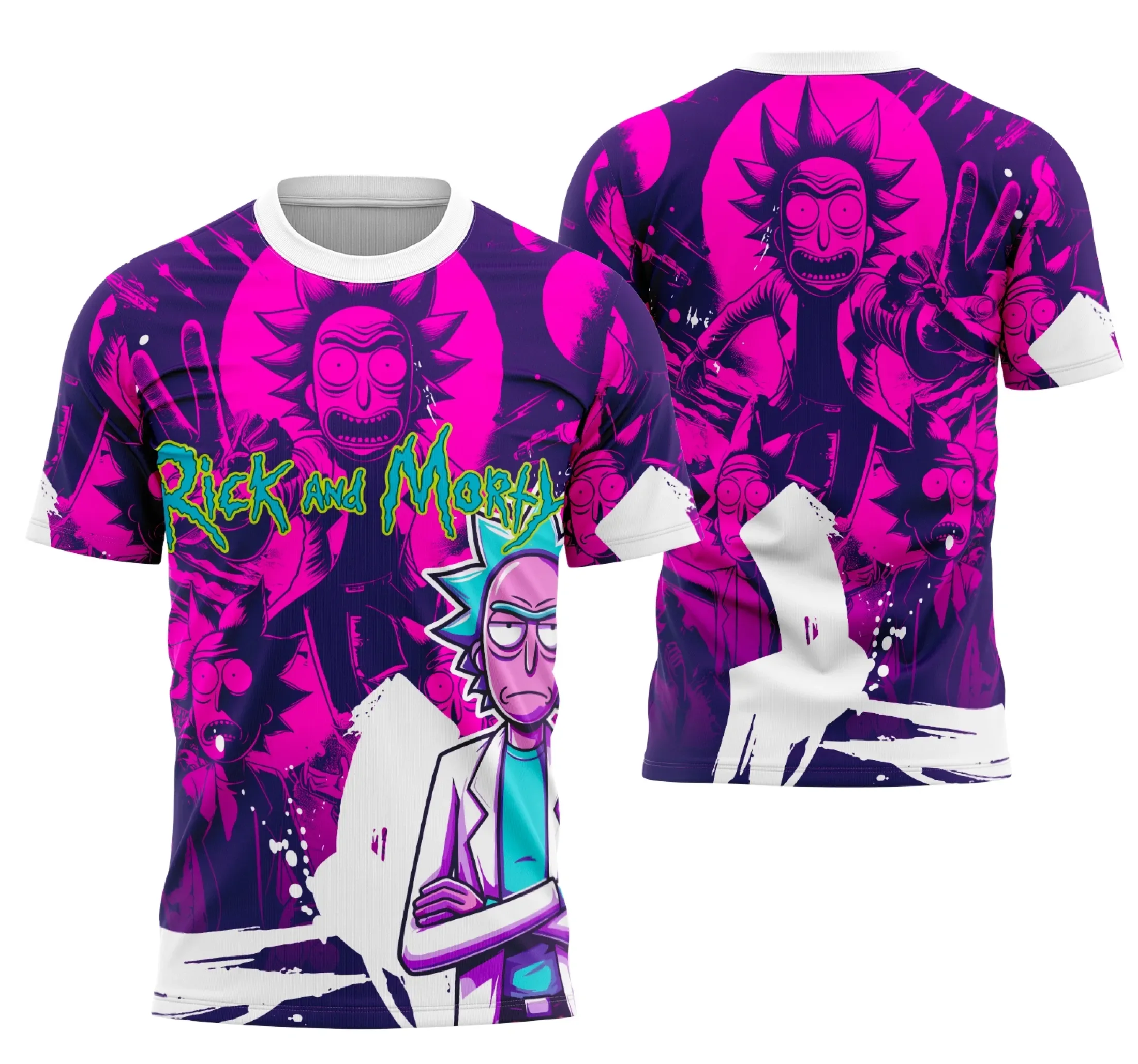 Camiseta unissex preta com logo no peito e estampa grande nas costas do Rick Sanchez tema Interclasse 2025, estilo moderno e descolado para fãs da série.