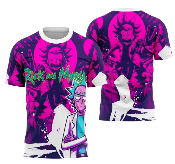 Camiseta unissex preta com logo no peito e estampa grande nas costas do Rick Sanchez tema Interclasse 2025, estilo moderno e descolado para fãs da série.