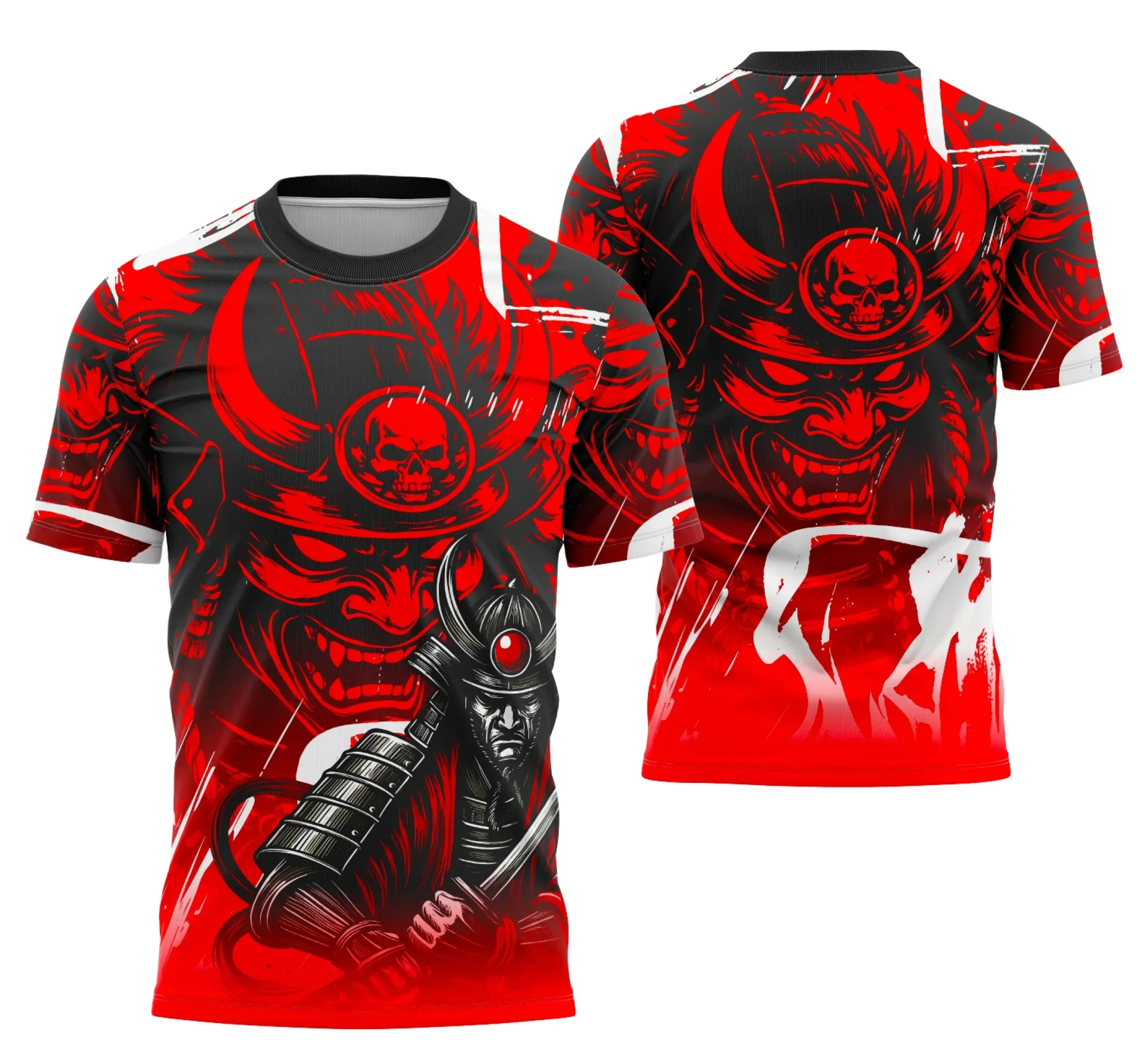 Camiseta unissex preta com logo no peito e estampa grande nas costas com tema Samurai Interclasse 2025, perfeita para uso casual e eventos especiais.