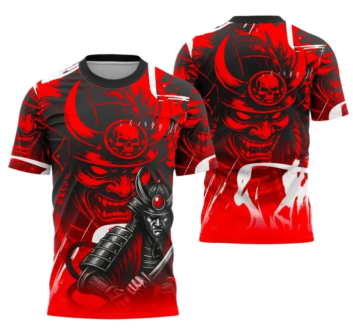 Camiseta unissex preta com logo no peito e estampa grande nas costas com tema Samurai Interclasse 2025, perfeita para uso casual e eventos especiais.