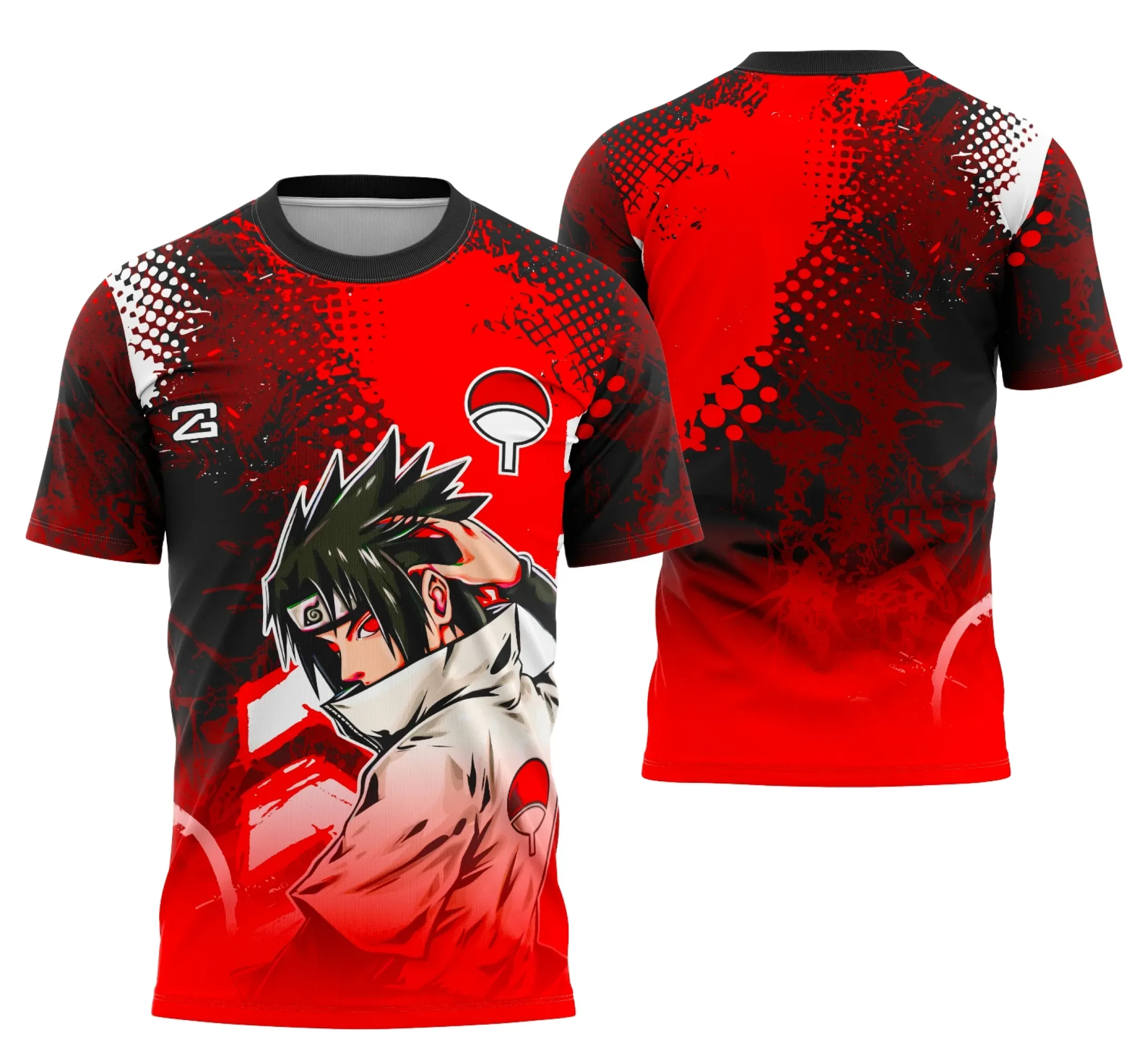 Camiseta unissex preta com logo no peito e estampa grande nas costas, com tema Sasuke Uchiha Interclasse em design marcante e moderno.
