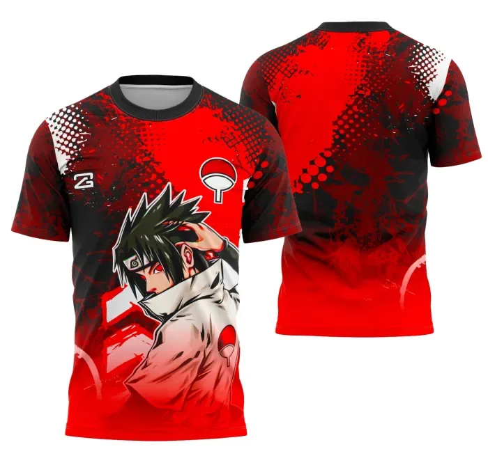 Camiseta unissex preta com logo no peito e estampa grande nas costas, com tema Sasuke Uchiha Interclasse em design marcante e moderno.