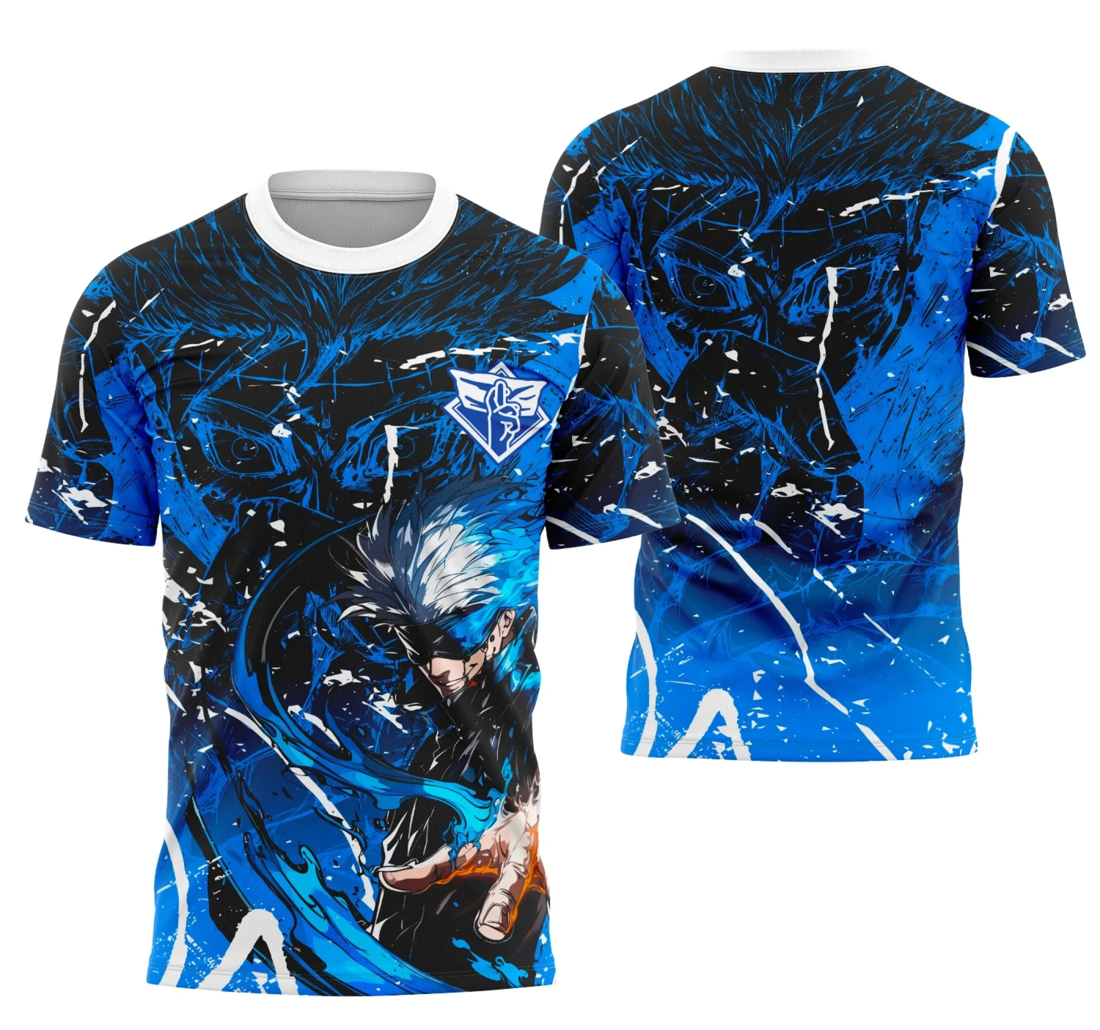 Camiseta unissex preta com logo no peito e estampa grande nas costas inspirada em Satoru Gojo Interclasse, design moderno e estilo marcante para fãs do personagem.