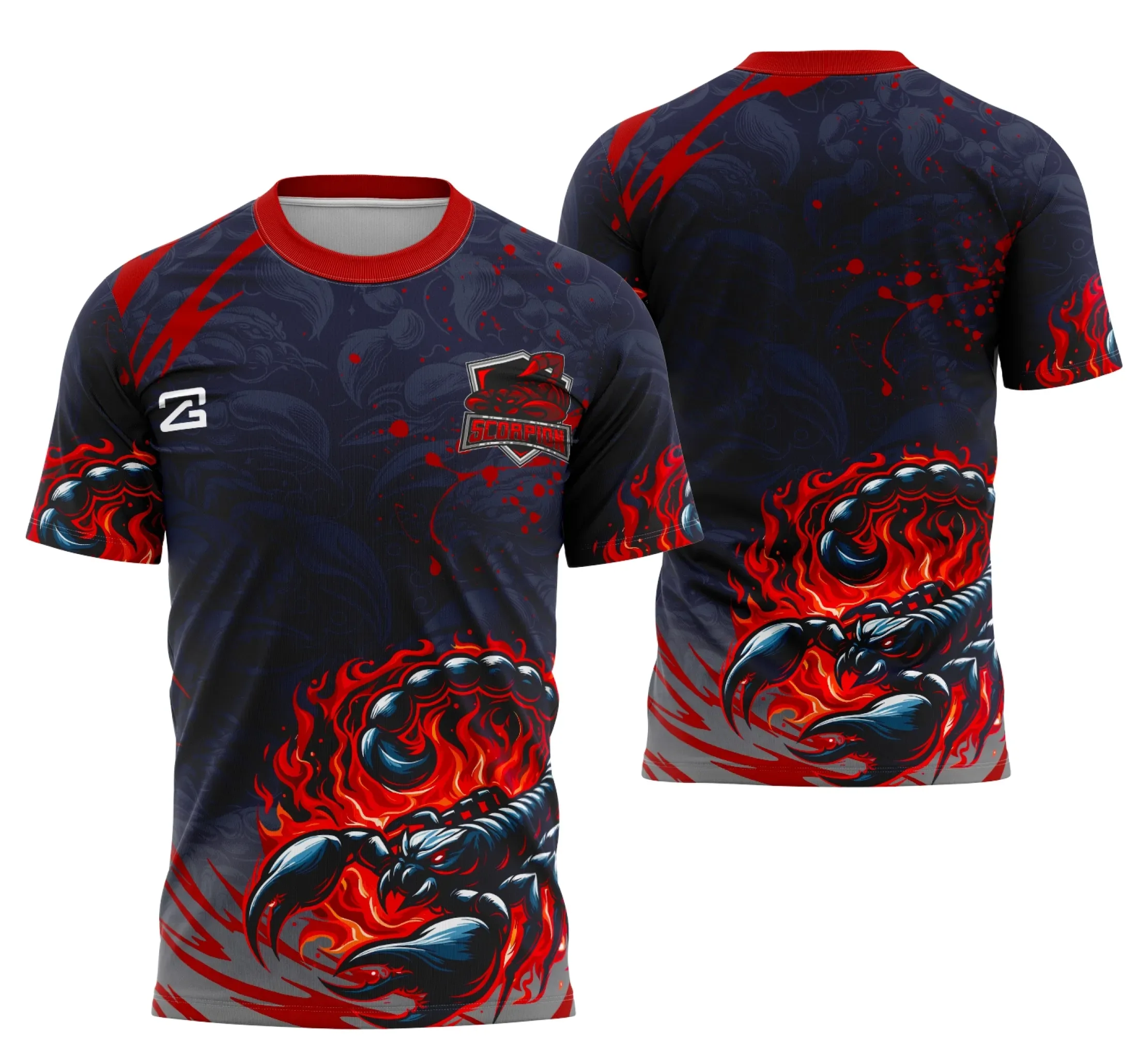 Camiseta unissex preta com logo no peito e estampa grande nas costas da Scorpion Interclasse, ideal para evento escolar ou clube, design moderno e chamativo.