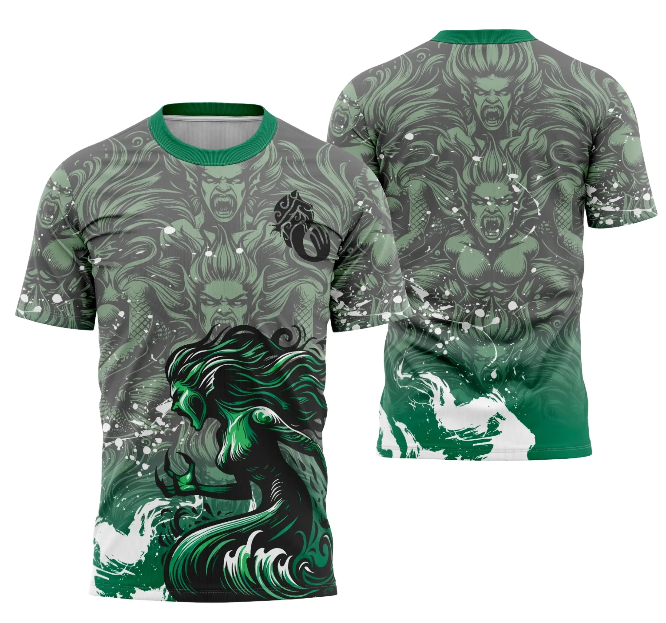 Foto de camiseta unissex preta com logo no peito e estampa grande nas costas com tema Sereia Interclasse, ideal para eventos e turmas especiais.