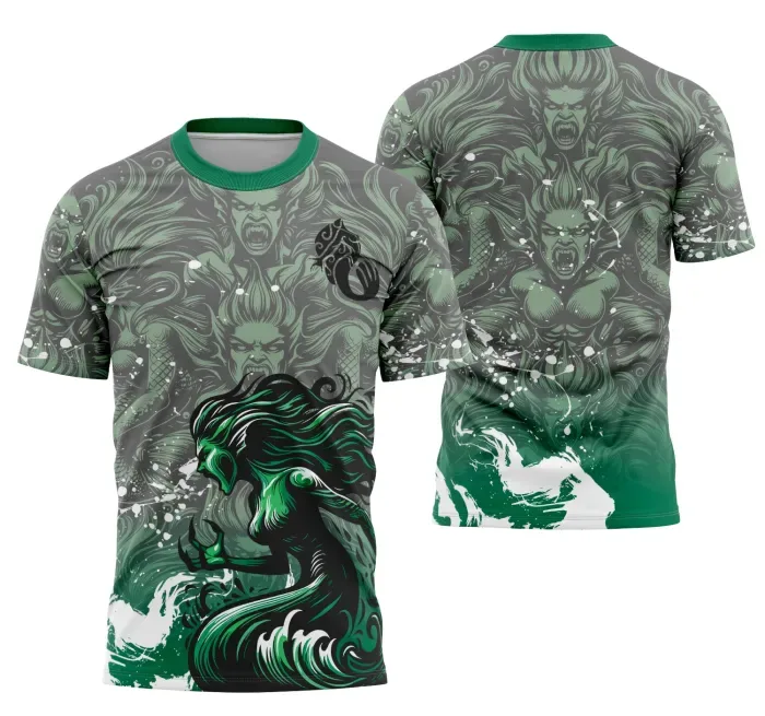 Foto de camiseta unissex preta com logo no peito e estampa grande nas costas com tema Sereia Interclasse, ideal para eventos e turmas especiais.