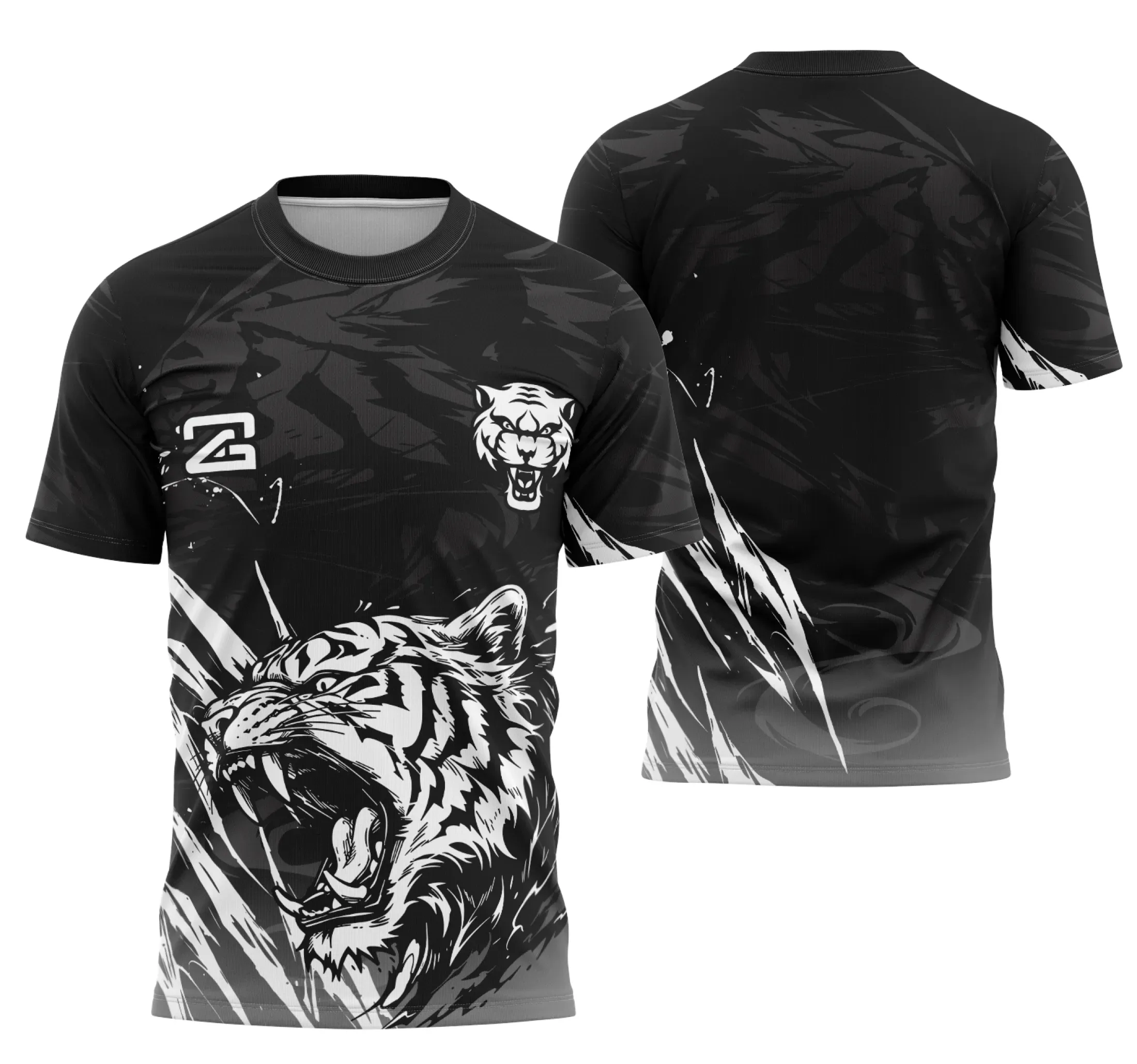 Camiseta unissex preta com logo no peito e estampa grande nas costas mostrando tigre branco imponente, tema Tigre Branco Interclasse.