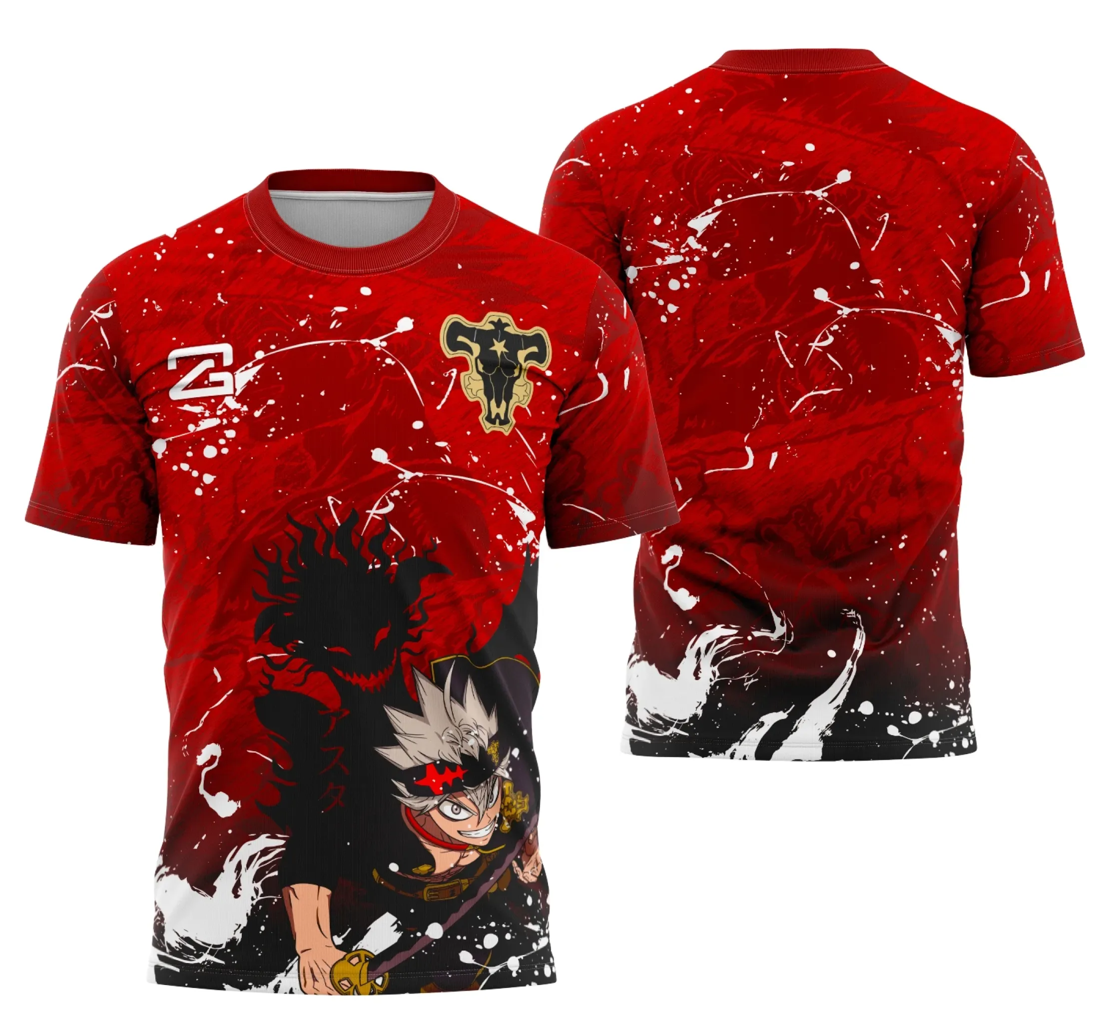 Camiseta unissex preta com logo no peito e estampa grande nas costas baseada na Black Clover Interclasse 2025, ideal para fãs e eventos temáticos.
