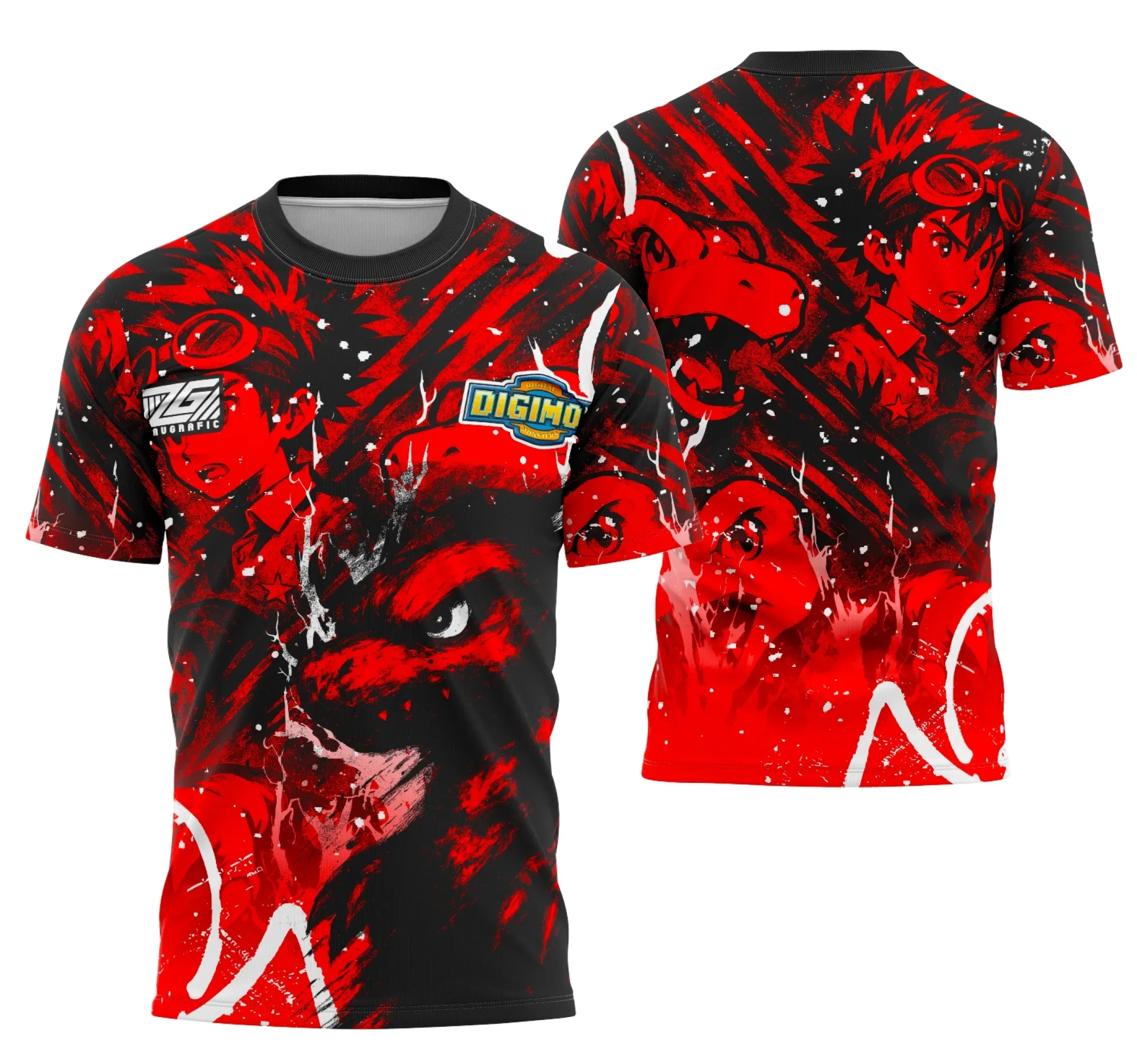 Camiseta unissex preta com logo no peito e estampa grande nas costas inspirada na Interclasse2 2025 do universo Digimon, design moderno e vibrante para fãs da série.