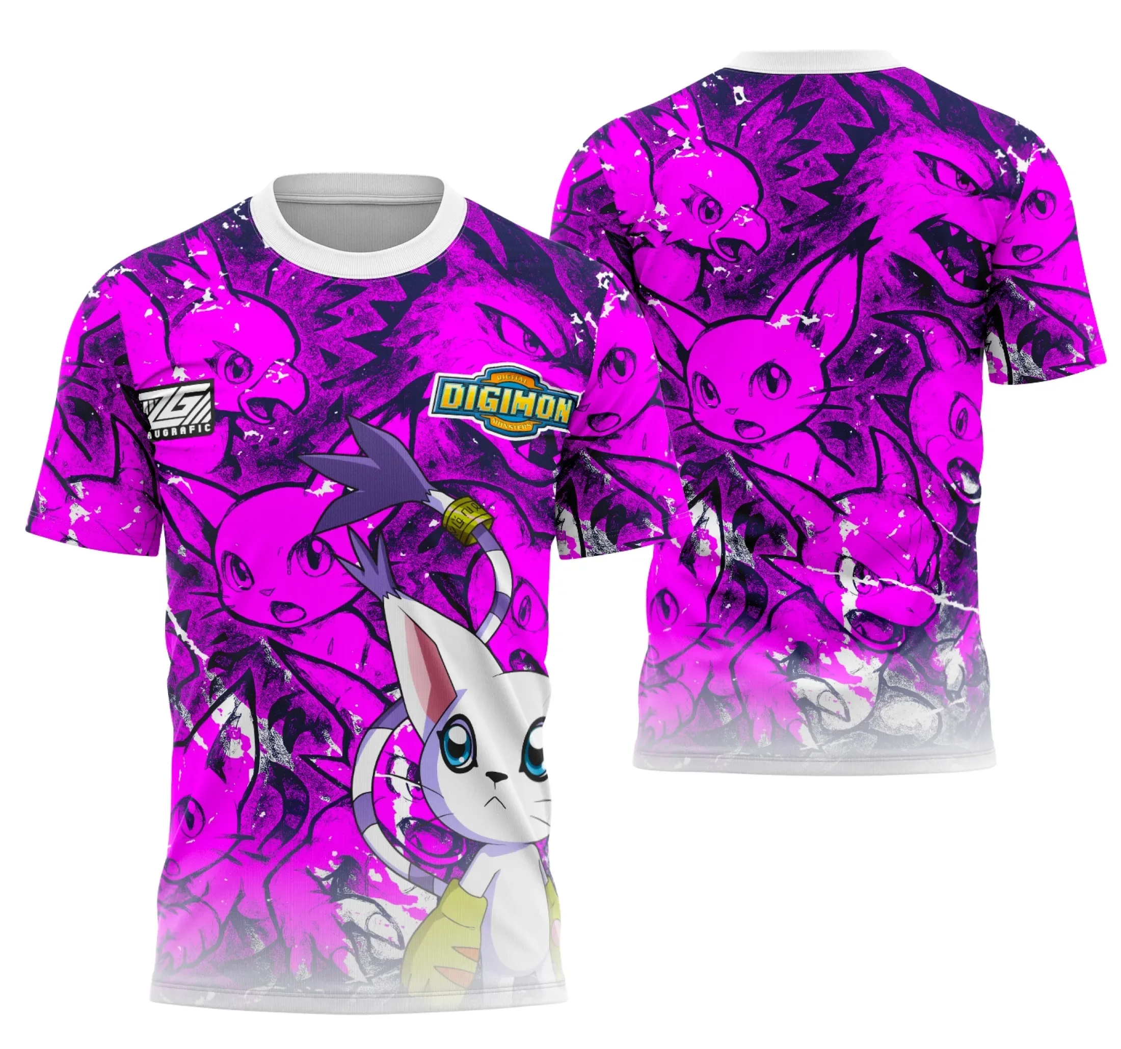Camiseta unissex preta com logo no peito e estampa grande nas costas mostrando personagens do Digimon Interclasse4 2025, design impactante e moderno.