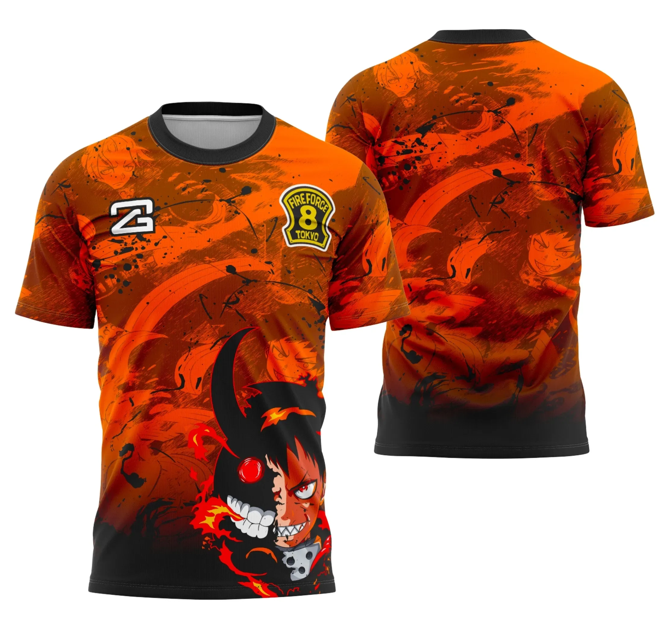 Camiseta unissex preta com logo no peito e estampa grande nas costas, tema Fire Force Interclasse 2025, perfeita para fãs e eventos escolares.