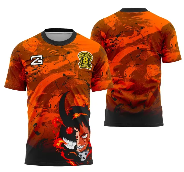 Camiseta unissex preta com logo no peito e estampa grande nas costas, tema Fire Force Interclasse 2025, perfeita para fãs e eventos escolares.