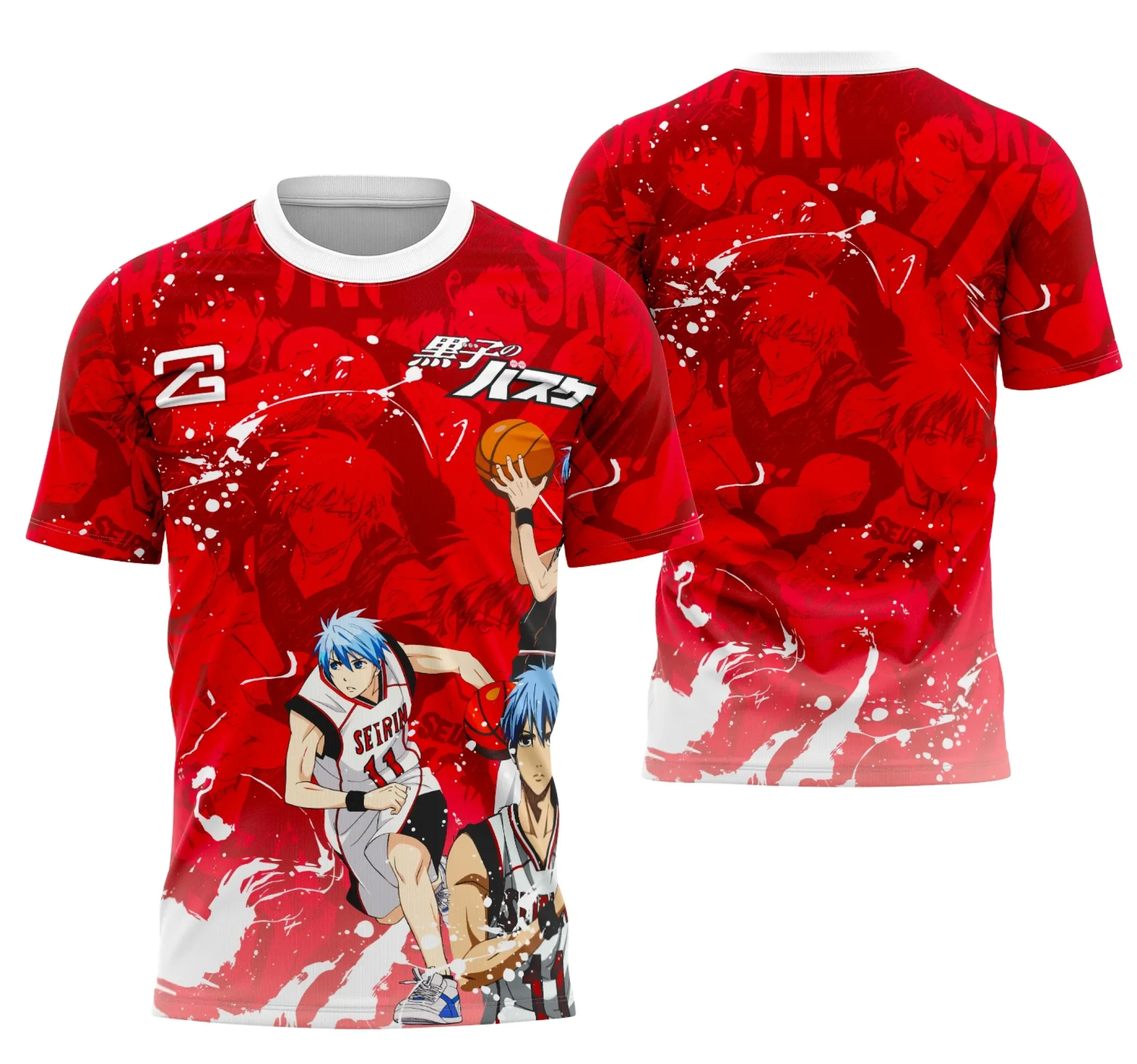 Camiseta unissex preta com logo no peito e estampa grande nas costas do tema Kuroka no Basuke Interclasse 2025, ideal para fãs que buscam estilo e conforto em evento escolar.