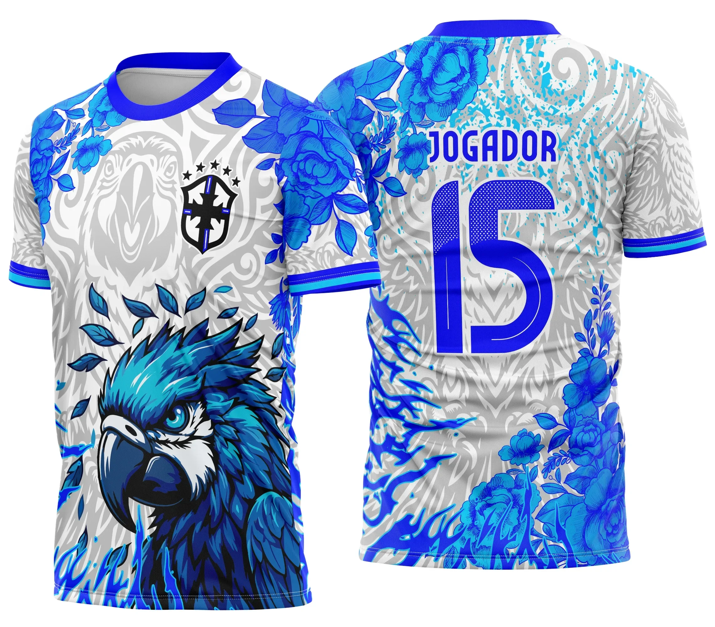 Camiseta unissex branca com logo no peito e estampa grande nas costas mostrando Arara Azul floral vibrante em destaque