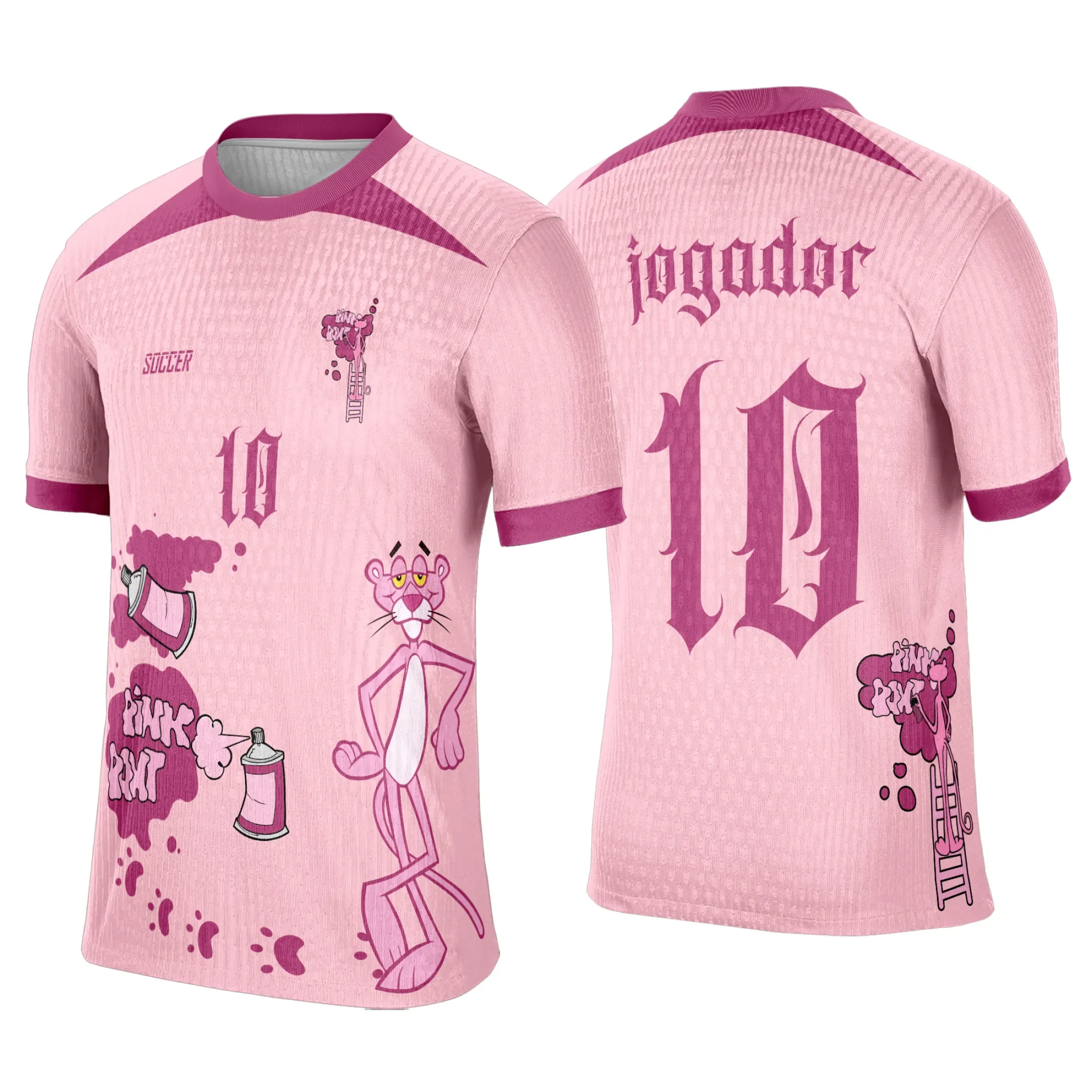 Camiseta unissex preta com logo no peito e estampa grande nas costas com tema Interclasse Pantera Cor de Rosa 2026, estilo moderno e vibrante para eventos e grupos escolares.