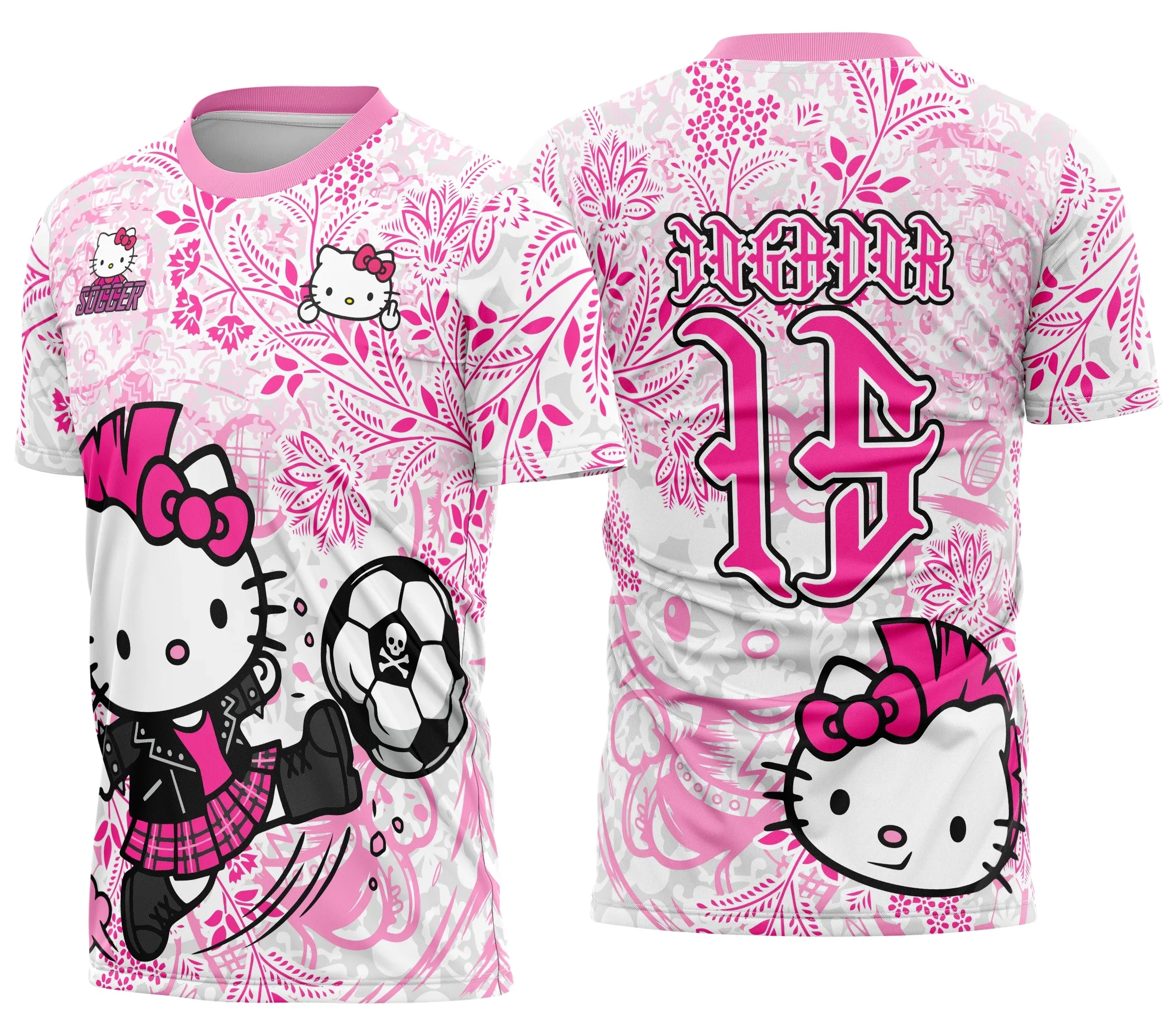 Camiseta unissex preta com logo no peito e estampa grande nas costas do tema Hello Kitty Punk, estilo interclasse, perfeita para quem busca um visual moderno e descolado.