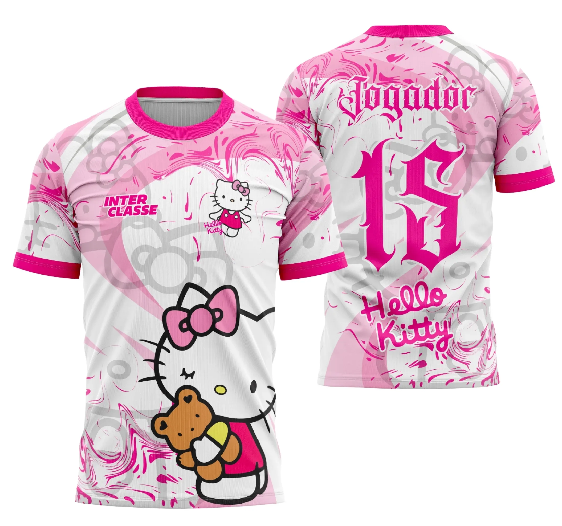 Camiseta unissex rosa com logo no peito e estampa grande nas costas do tema Hello Kitty, perfeita para ocasiões de interclasse e visual divertido.