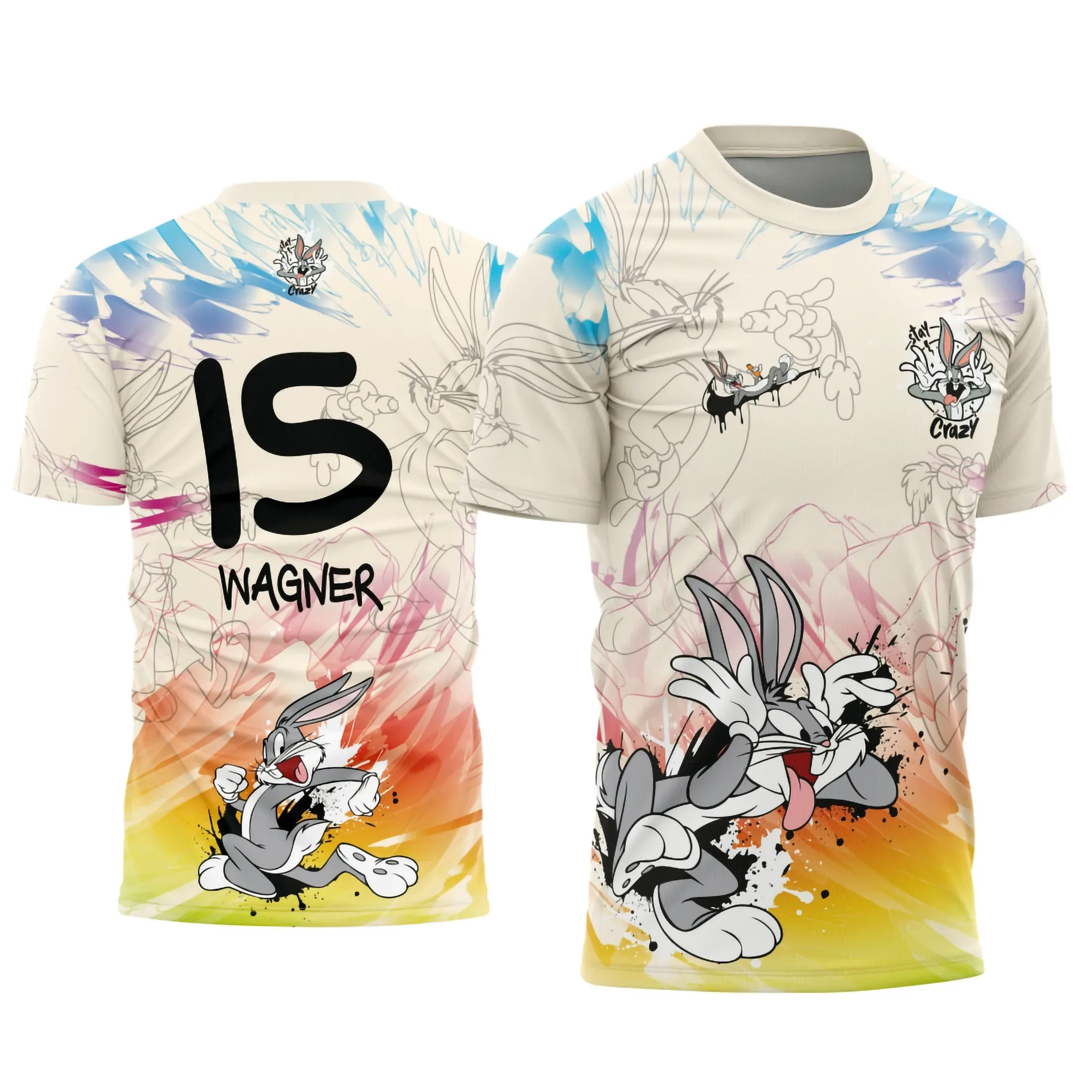 Camiseta unissex branca com logo no peito e estampa grande nas costas do Coelho Pernalonga em cores vibrantes do Interclasse 2025.