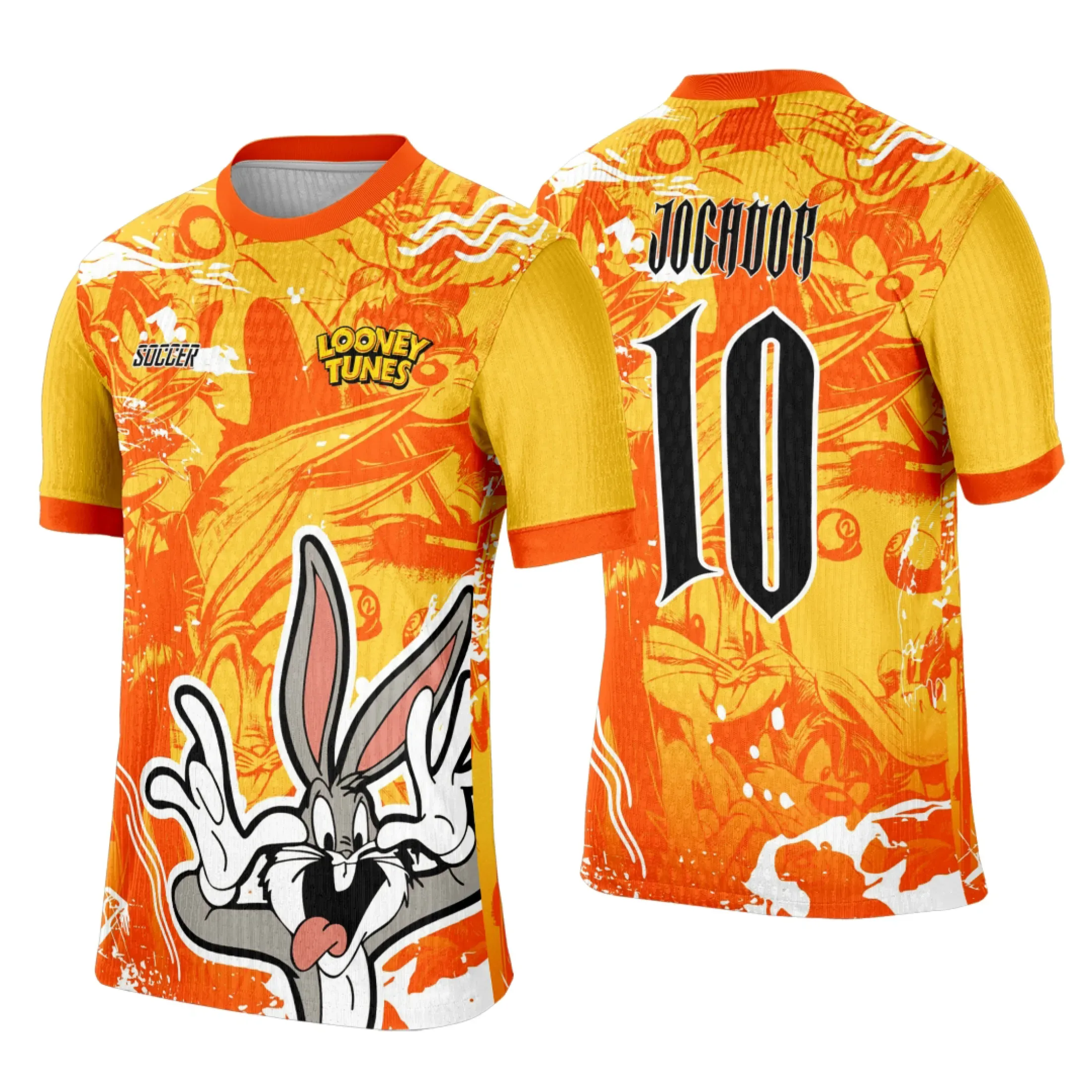 Camiseta unissex preta com logo no peito e estampa grande nas costas do Coelho Pernalonga em tom laranja vibrante, perfeita para fãs e eventos interclasse.