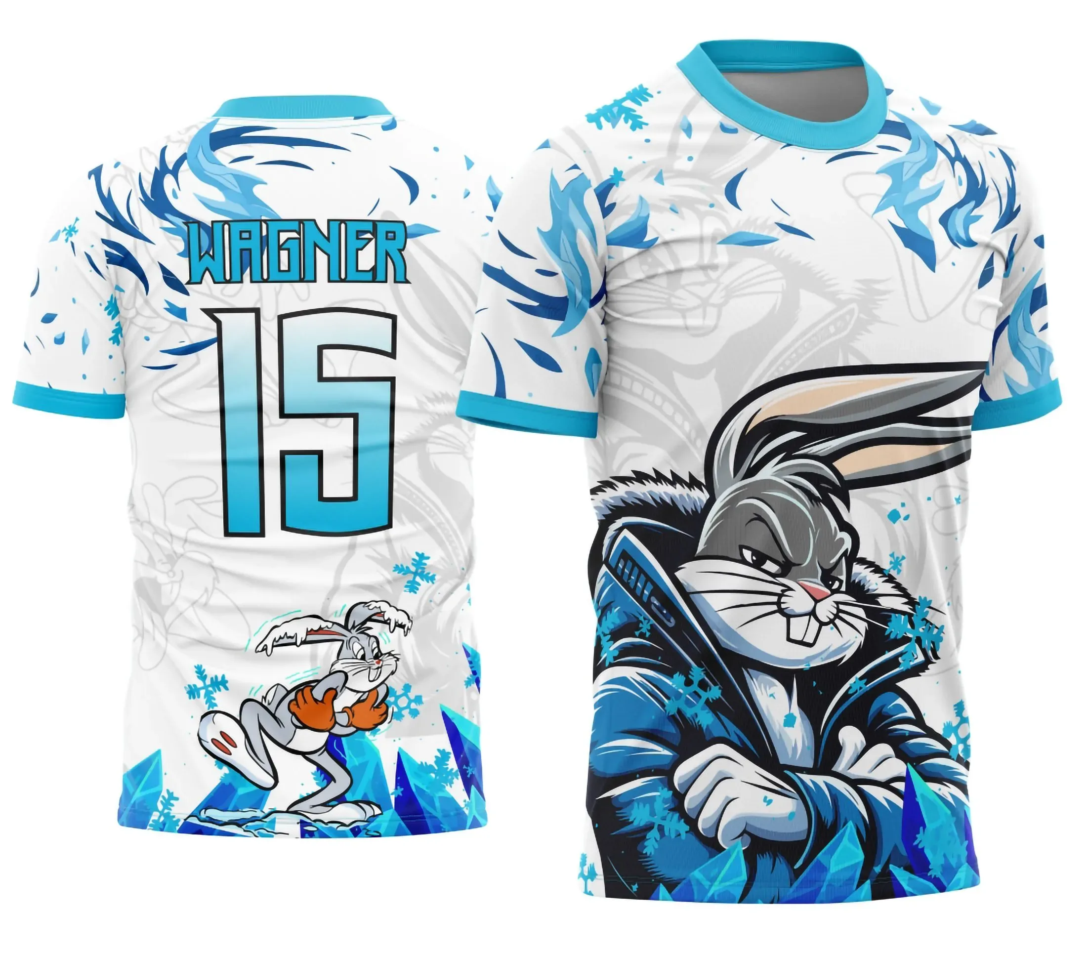 Foto de camiseta unissex preta com logo no peito e estampa grande nas costas mostrando Coelho Pernalonga em clima de frio, perfeita para fãs de desenhos animados e inverno.