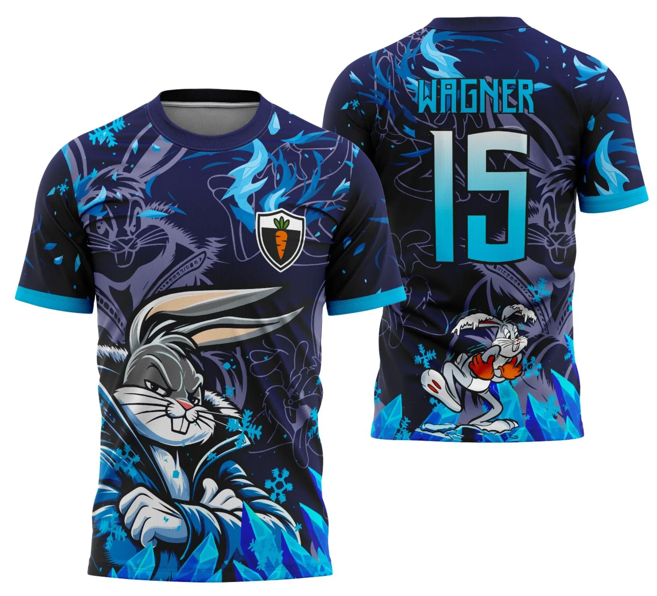 Camiseta unissex preta com logo no peito e estampa grande nas costas do Coelho Pernalonga em clima de frio, combinando estilo e conforto para dias fresquinhos.