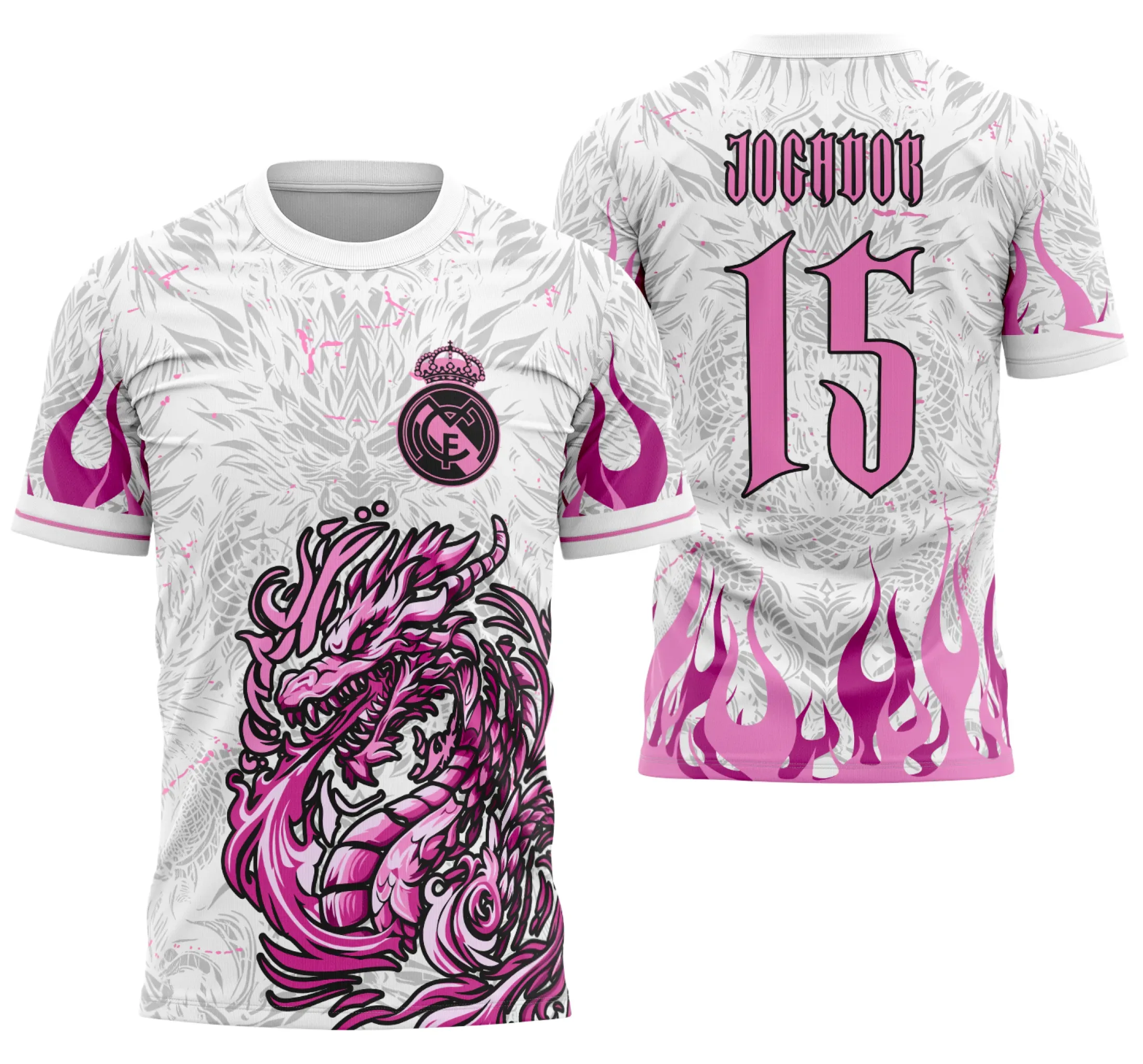 Camisa unissex preta com logo no peito e estampa grande nas costas mostrando um dragão rosa vibrante representando a Interclasse Dragão Rosa 2026, ideal para quem quer estilo e força na peça.